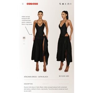 Coucoo Atacama Dress in Black Satin XL‎ Sexy Halter NWOT